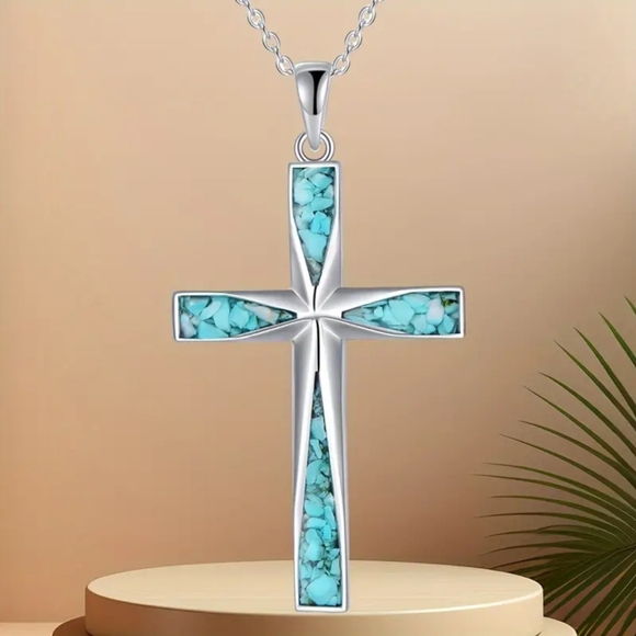 SILVER CROSS ✝️ WITH TURQUOISE INLAY. GORGEOUS ✨️ 18" CHAIN. - Picture 3 of 5